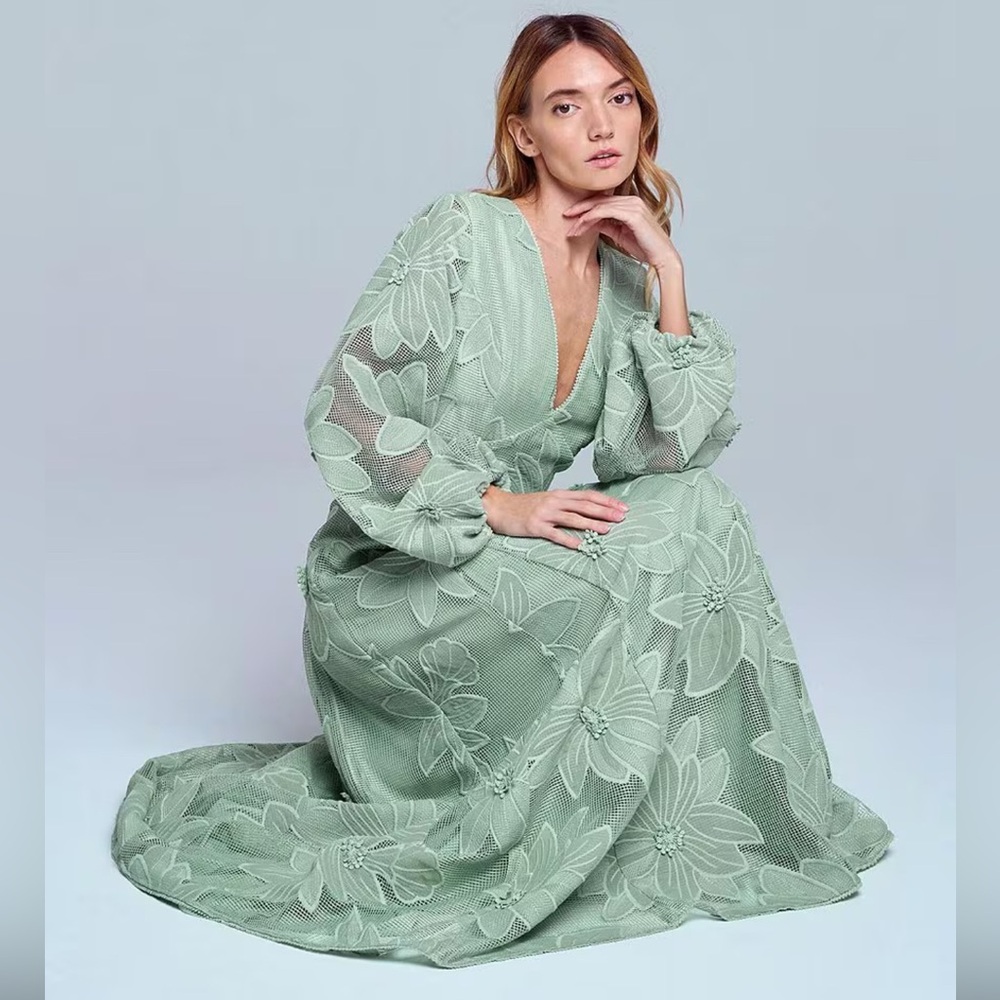 Floral Lace Maxi Dress in Sage Green - Long Sleeve V-Neck